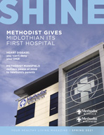 Spring 2021 Shine Magazine cover featuring the new Methodist Midlothian hospital tower